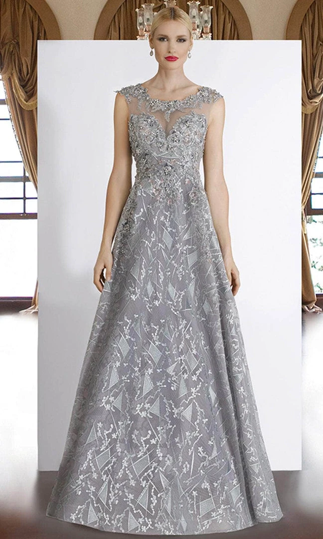 Janique - 85124 Illusion Lace Appliqued Geometric Gown In Grey 3 Janique - 85124 Illusion Lace Appliqued Geometric Gown In Grey