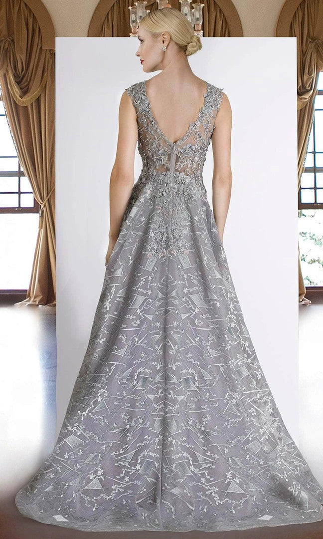 Janique - 85124 Illusion Lace Appliqued Geometric Gown In Grey 4 Janique - 85124 Illusion Lace Appliqued Geometric Gown In Grey