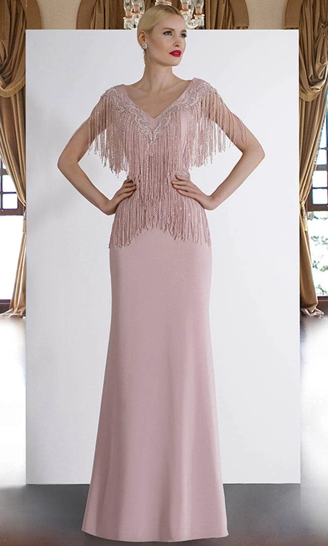 Formal Gowns Janique - 85130 Bead Fringed V-Neck Sheath Gown In Mauve 3 Formal Gowns Janique - 85130 Bead Fringed V-Neck Sheath Gown In Mauve