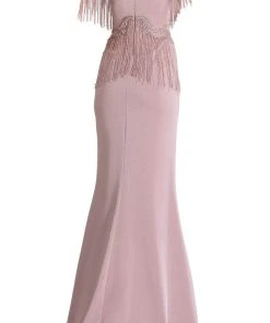 Formal Gowns Janique - 85130 Bead Fringed V-Neck Sheath Gown In Mauve 9 Formal Gowns Janique - 85130 Bead Fringed V-Neck Sheath Gown In Mauve