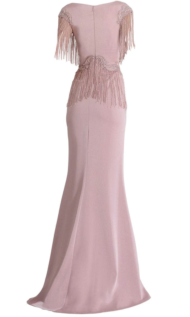 Formal Gowns Janique - 85130 Bead Fringed V-Neck Sheath Gown In Mauve 6 Formal Gowns Janique - 85130 Bead Fringed V-Neck Sheath Gown In Mauve
