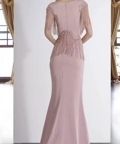 Formal Gowns Janique - 85130 Bead Fringed V-Neck Sheath Gown In Mauve 7 Formal Gowns Janique - 85130 Bead Fringed V-Neck Sheath Gown In Mauve