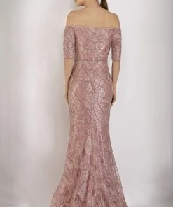 Formal Gowns Janique - Embellished Off-Shoulder Trumpet Dress JA5017 - 1 Pc Rose Gold In Size 10 Available