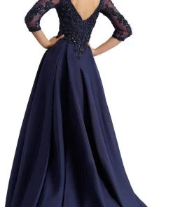 Formal Gowns Janique - Embroidered V-Neck Sleeved Long Mermaid Gown JA3009