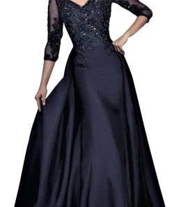 Formal Gowns Janique - Embroidered V-Neck Sleeved Long Mermaid Gown JA3009