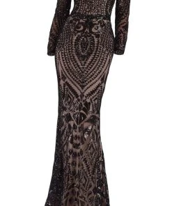 Janique - JA3017 Long Sleeve Geo-Sequined Mermaid Gown Formal Gowns