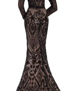 Janique - JA3017 Long Sleeve Geo-Sequined Mermaid Gown Formal Gowns
