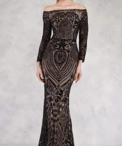 Janique - JA3017 Long Sleeve Geo-Sequined Mermaid Gown Formal Gowns