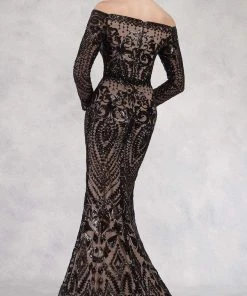 Janique - JA3017 Long Sleeve Geo-Sequined Mermaid Gown Formal Gowns