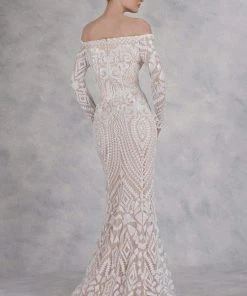 Janique - JA3017 Off-Shoulder Long Sleeves Dress In White/Nude Formal Gowns 5 Janique - JA3017 Off-Shoulder Long Sleeves Dress In White/Nude Formal Gowns