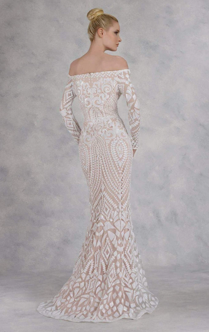Janique - JA3017 Off-Shoulder Long Sleeves Dress In White/Nude Formal Gowns 4 Janique - JA3017 Off-Shoulder Long Sleeves Dress In White/Nude Formal Gowns