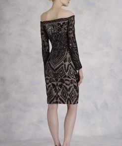 Cocktail Dresses Janique - JA3023 Sequined Long Sleeve Off-Shoulder Sheath Dress