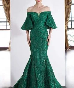 Formal Gowns Janique - JA4013 Off-Shoulder Mermaid Evening Dress In Emerald