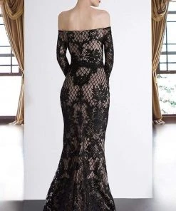 Formal Gowns Janique - JA4017 Off-Shoulder Long Sleeves Lace Dress In Black / Nude 7 Formal Gowns Janique - JA4017 Off-Shoulder Long Sleeves Lace Dress In Black / Nude