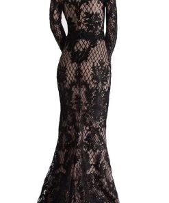 Formal Gowns Janique - JA4017 Off-Shoulder Long Sleeves Lace Dress In Black / Nude 9 Formal Gowns Janique - JA4017 Off-Shoulder Long Sleeves Lace Dress In Black / Nude