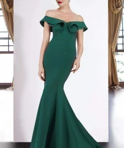 Janique - JQ1801 Split Off The Shoulder Mermaid Evening Gown Formal Gowns