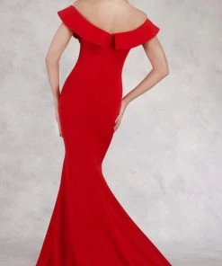 Janique - JQ1801 Split Off The Shoulder Mermaid Evening Gown Formal Gowns