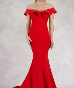 Janique - JQ1801 Split Off The Shoulder Mermaid Evening Gown Formal Gowns