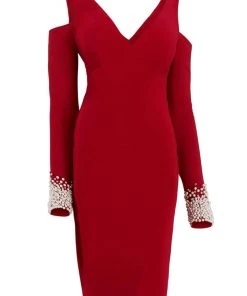 Cocktail Dresses Janique - K6611 Pearl Embellished Cuff V Neck Evening Dress 8 Cocktail Dresses Janique - K6611 Pearl Embellished Cuff V Neck Evening Dress