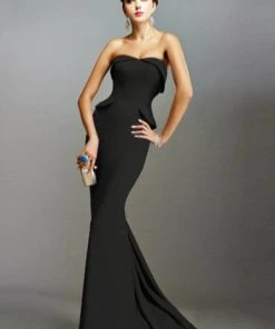 Janique - Strapless Folded Neckline Detail Stretch Crepe Gown With Side Peplum And Sweep Train C1167 Formal Gowns