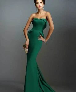 Janique - Strapless Folded Neckline Detail Stretch Crepe Gown With Side Peplum And Sweep Train C1167 Formal Gowns