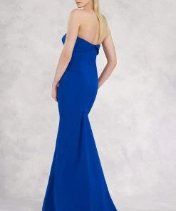 Janique - Strapless Folded Neckline Detail Stretch Crepe Gown With Side Peplum And Sweep Train C1167 Formal Gowns