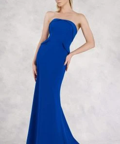 Janique - Strapless Folded Neckline Detail Stretch Crepe Gown With Side Peplum And Sweep Train C1167 Formal Gowns