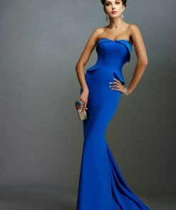Janique - Strapless Folded Neckline Detail Stretch Crepe Gown With Side Peplum And Sweep Train C1167 Formal Gowns