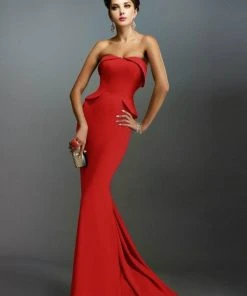 Janique - Strapless Folded Neckline Detail Stretch Crepe Gown With Side Peplum And Sweep Train C1167 Formal Gowns