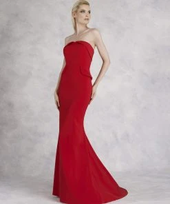 Janique - Strapless Folded Neckline Detail Stretch Crepe Gown With Side Peplum And Sweep Train C1167 Formal Gowns