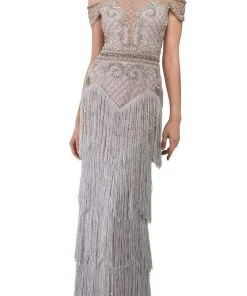 Janique - W1683 Embellished Illusion Bateau Fringe Sheath Gown