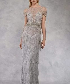 Janique - W1683 Embellished Illusion Bateau Fringe Sheath Gown 10 Janique - W1683 Embellished Illusion Bateau Fringe Sheath Gown