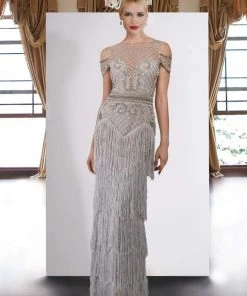 Janique - W1683 Embellished Illusion Bateau Fringe Sheath Gown 12 Janique - W1683 Embellished Illusion Bateau Fringe Sheath Gown