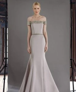 Janique - W2410 Embellished Off-Shoulder Mermaid Gown With Train Formal Gowns