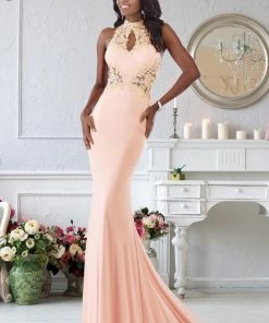 Janique - W974 Jersey Gown In Peach Formal Gowns
