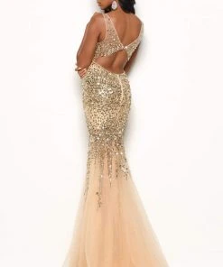 Jasz Couture - Bead Embellished Trumpet Gown 7111 - 1 Pc Gold In Size 2 Available