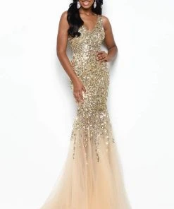 Jasz Couture - Bead Embellished Trumpet Gown 7111 - 1 Pc Gold In Size 2 Available