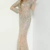 Formal Gowns Jasz Couture - Long Sleeve Embellished Sheath Dress 6455 - 1 Pc Nude In Size 2 Available