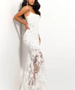 Jasz Couture - Sleeveless Sheer Lace Prom Dress 7357 - 1 Pc White/Nude In Size 14 Available