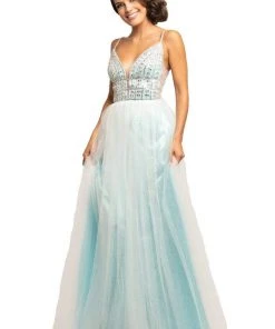 Johnathan Kayne - 2000 Illusion V Neck Sleeveless Glitter Mesh Gown