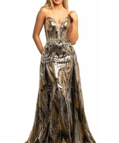 Johnathan Kayne - 2025 Embellished Two Tone Deep V-neck Trumpet Dress