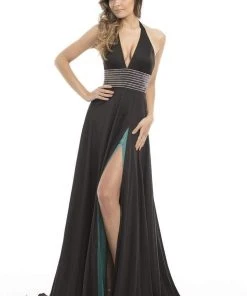Formal Gowns Johnathan Kayne - 7086 Deep Halter Charmeuse A-line Gown
