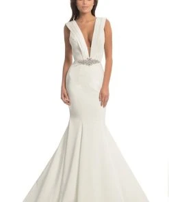 Johnathan Kayne - 8204 Pleated Plunging V-Neck Mermaid Gown