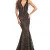 Formal Gowns Johnathan Kayne - 8218 Deep V-neck Glitter Lace Mermaid Gown