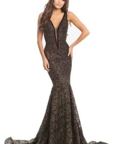 Formal Gowns Johnathan Kayne - 8218 Deep V-neck Glitter Lace Mermaid Gown