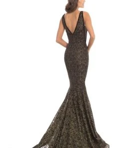 Formal Gowns Johnathan Kayne - 8218 Deep V-neck Glitter Lace Mermaid Gown