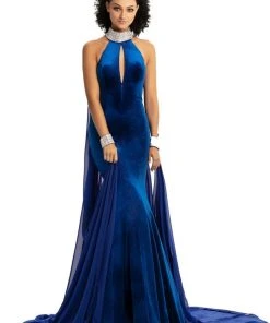 Johnathan Kayne - 9046 Jeweled High Halter Mermaid Gown With Cape Formal Gowns