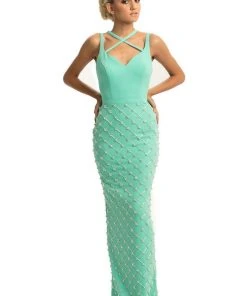 Johnathan Kayne - 9064 Beaded Sheath Dress With Back Slit