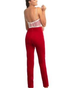 Plus Size Dresses Johnathan Kayne - 9069 Bejeweled Sweetheart Stretch Velvet Jumpsuit