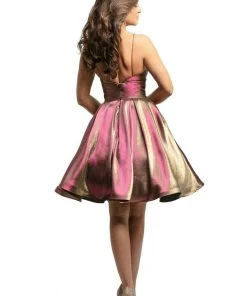 Cocktail Dresses Johnathan Kayne - 9201 Plunging V-Neck Metallic Brocade A-Line Dress